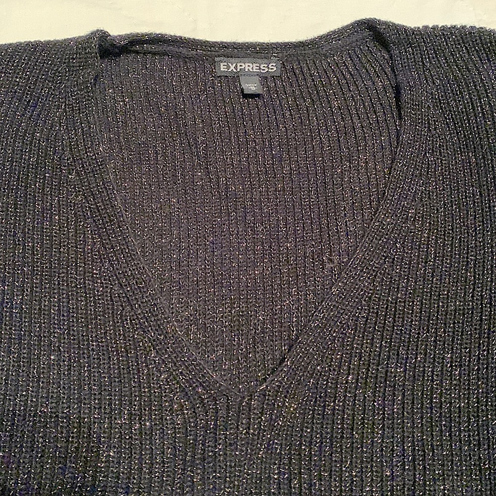 Express black v-neck sweater with gold metallic thread; Size M